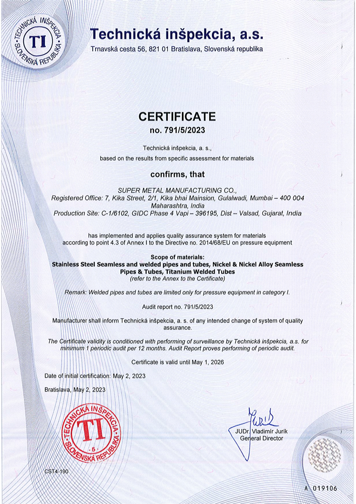 PED Certificate